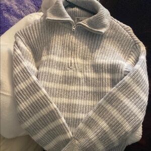 Gray Striped Half-Zip Sweater